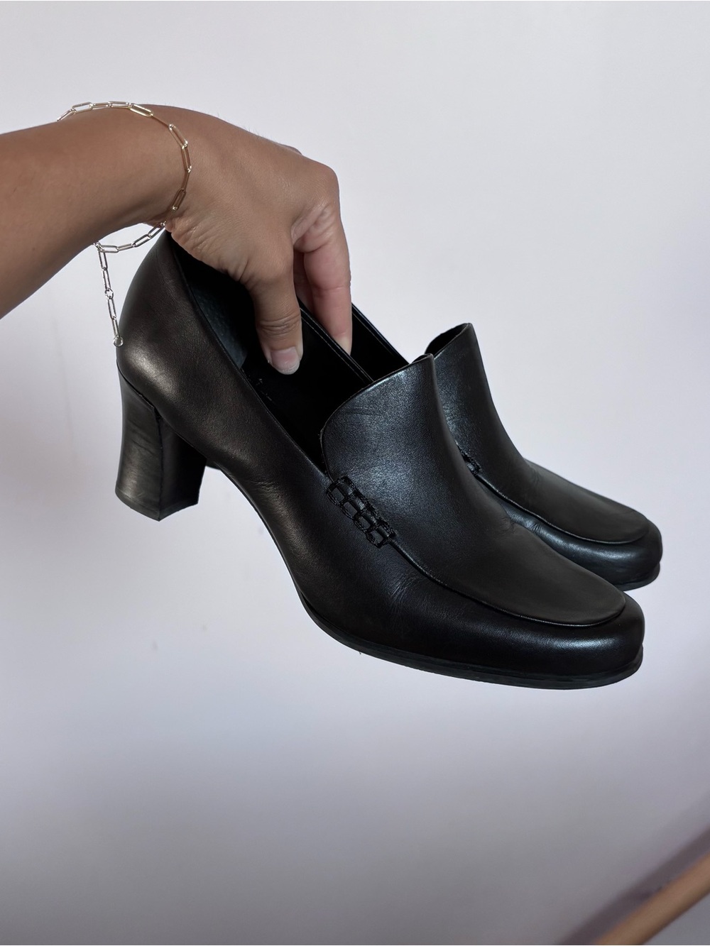 Franco Sarto Black Genuine Leather Block Heel Loafers Preppy Work Style 7.5